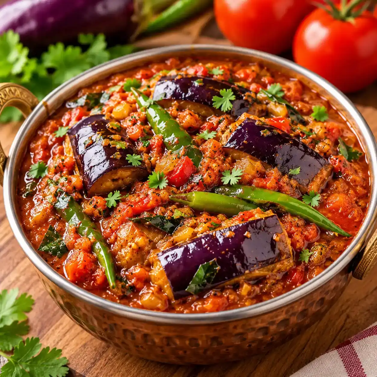 Vankaya Munakkaya Pulusu — Tender eggplant and succulent drumsticks are slow-simmered in a at Apna Bazar - Eatery